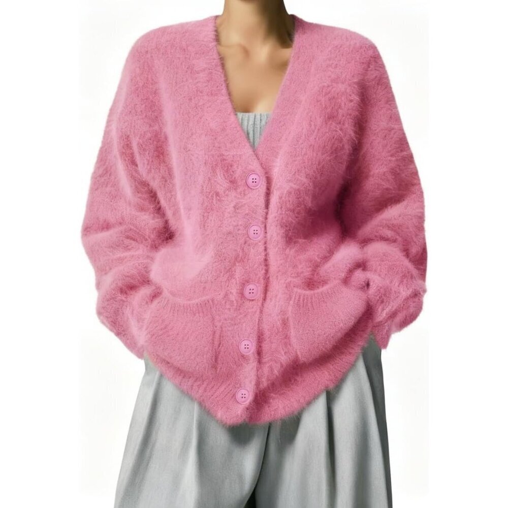 Women's Fuzzy Chunky Knit Cardigan V Neck Long Sleeve Button Up Sweater